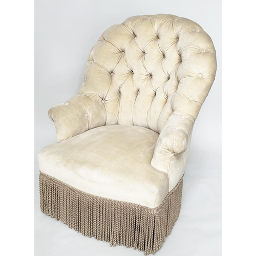 92 - ARMCHAIR, early 20th century buttoned primrose yellow chenille velvet with arched back, scroll arms ... 