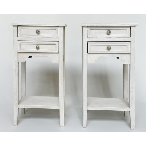 93 - BEDSIDE CHESTS, a pair, French traditionally grey painted, each with two drawers and undertier, 34cm... 