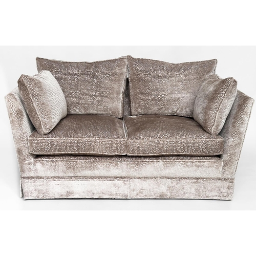 94 - SOFA BY ROMA, two seater with raised cut velvet Roma fabric upholstery, 86cm H x 158cm W x 86cm D.