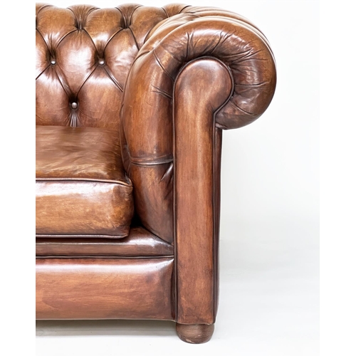 99 - CHESTERFIELD SOFA, traditional hand finished deep buttoned antique, tan leather upholstered with rou... 