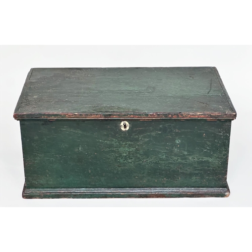 101 - TRUNK, early 19th English pine retaining early green paint, 75cm W x 44cm D x 35cm H.