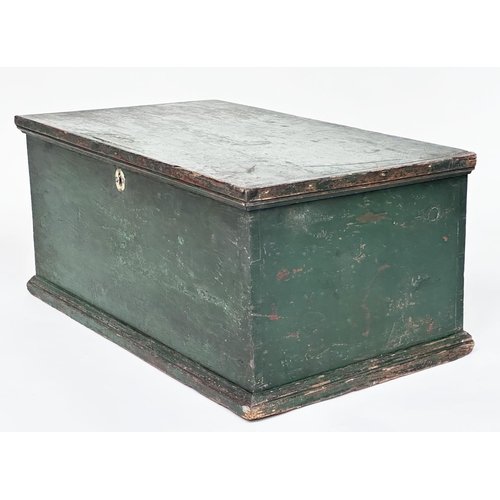 101 - TRUNK, early 19th English pine retaining early green paint, 75cm W x 44cm D x 35cm H.