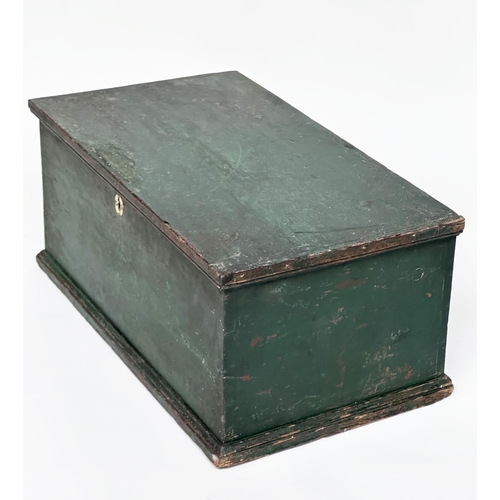 101 - TRUNK, early 19th English pine retaining early green paint, 75cm W x 44cm D x 35cm H.