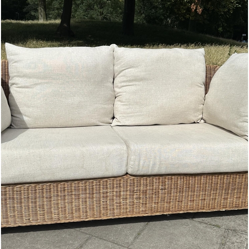 102 - CONSERVATORY TERRACE SOFA, woven cane with rounded arms and cushions, 200cm W.