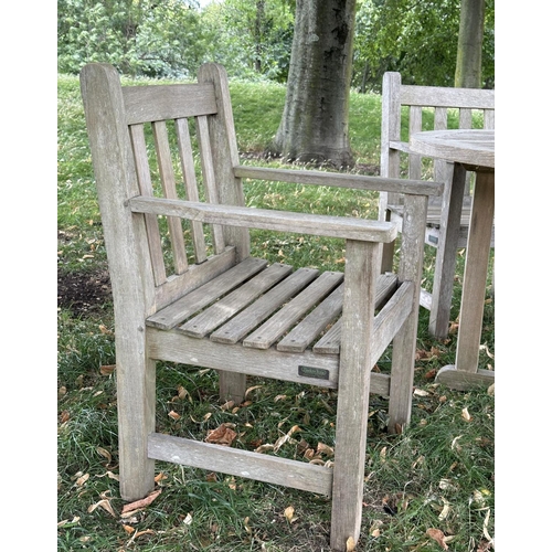 108 - GARDEN TABLE AND CHAIRS BY BARLOW TYRIE, well weathered teak circular slatted table with four matchi... 