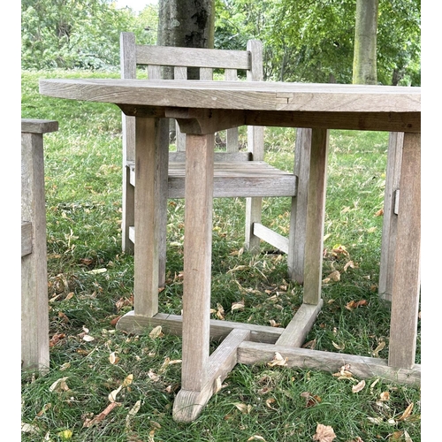 108 - GARDEN TABLE AND CHAIRS BY BARLOW TYRIE, well weathered teak circular slatted table with four matchi... 