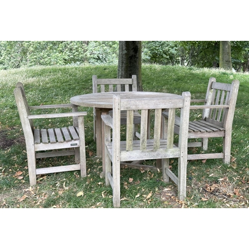 108 - GARDEN TABLE AND CHAIRS BY BARLOW TYRIE, well weathered teak circular slatted table with four matchi... 