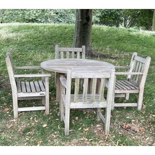 108 - GARDEN TABLE AND CHAIRS BY BARLOW TYRIE, well weathered teak circular slatted table with four matchi... 