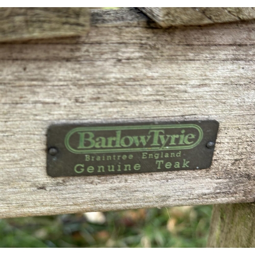 108 - GARDEN TABLE AND CHAIRS BY BARLOW TYRIE, well weathered teak circular slatted table with four matchi... 