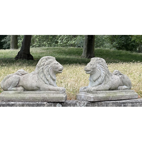 109 - GARDEN LIONS, a pair, well weathered reconstituted stone recumbent, 72cm W x 50cm H. (2)