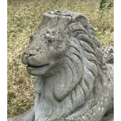 109 - GARDEN LIONS, a pair, well weathered reconstituted stone recumbent, 72cm W x 50cm H. (2)