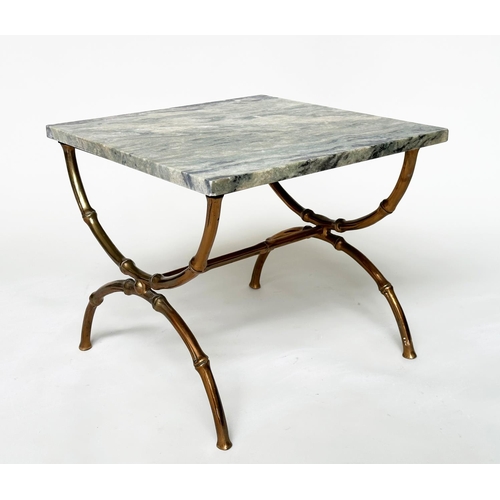 116 - LOW TABLE, square striated marble top raised upon faux bamboo gilt metal 'X' stretched supports, 46c... 