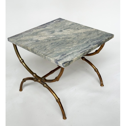 116 - LOW TABLE, square striated marble top raised upon faux bamboo gilt metal 'X' stretched supports, 46c... 