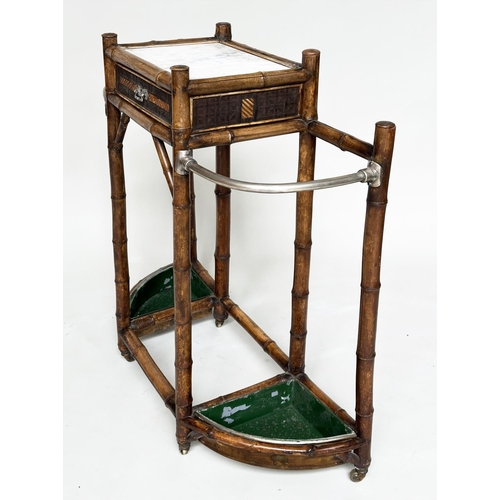 119 - CONSOLE STICK STAND, 19th century bamboo framed and silvered metal with drawer and marble centre, 92... 