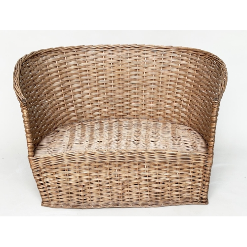 120 - CONVERSATORY SEAT, 1930s English cane and woven with arched back, 98cm W.