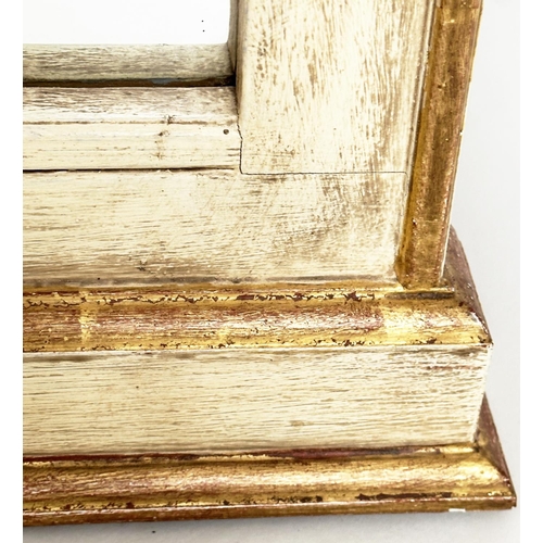 90 - WALL MIRROR, vintage French gilt and grey painted with architectural cornice, 74cm W x 111cm H.