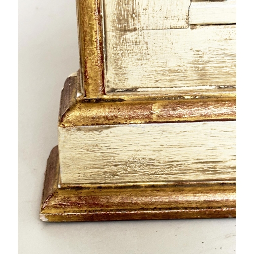 90 - WALL MIRROR, vintage French gilt and grey painted with architectural cornice, 74cm W x 111cm H.