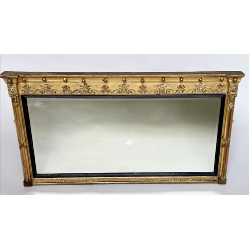 95 - WALL MIRROR, Regency giltwood and gesso moulded with acanthus scroll frieze above a rectangular ebon... 