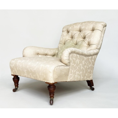 96 - ARMCHAIR, Victorian walnut with brocade style woven upholstery, with buttoned back and turned front ... 