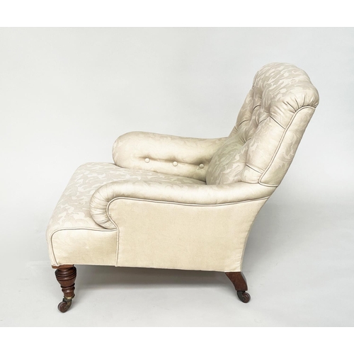 96 - ARMCHAIR, Victorian walnut with brocade style woven upholstery, with buttoned back and turned front ... 