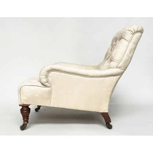 96 - ARMCHAIR, Victorian walnut with brocade style woven upholstery, with buttoned back and turned front ... 