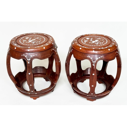 97 - CHINESE STOOLS, a pair, drum form with all over bird and mother of pearl inlay, 40cm W x 46cm H. (2)