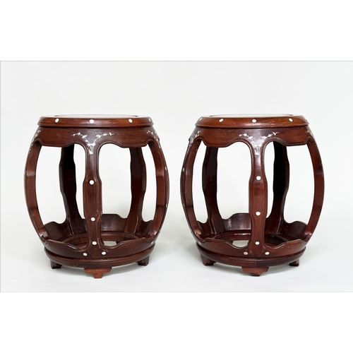 97 - CHINESE STOOLS, a pair, drum form with all over bird and mother of pearl inlay, 40cm W x 46cm H. (2)