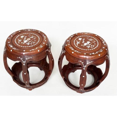 97 - CHINESE STOOLS, a pair, drum form with all over bird and mother of pearl inlay, 40cm W x 46cm H. (2)