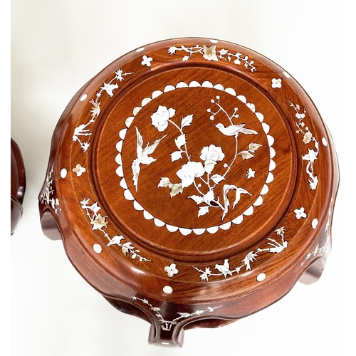 97 - CHINESE STOOLS, a pair, drum form with all over bird and mother of pearl inlay, 40cm W x 46cm H. (2)