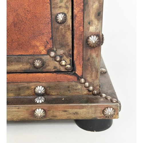 98 - CHEST, vintage hand finished leather bound and brass studded throughout with three long drawers, 90c... 