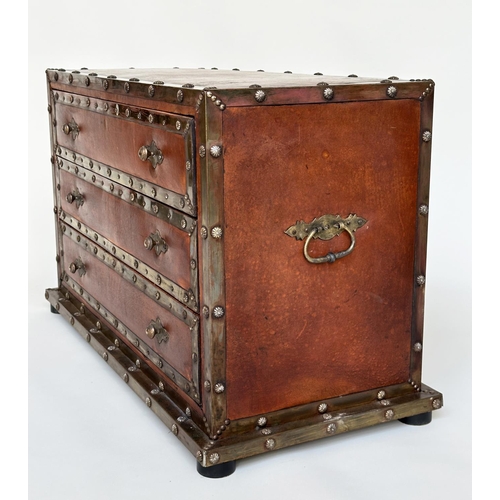 98 - CHEST, vintage hand finished leather bound and brass studded throughout with three long drawers, 90c... 