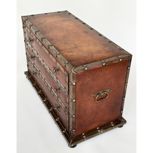 98 - CHEST, vintage hand finished leather bound and brass studded throughout with three long drawers, 90c... 