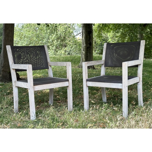 110 - GARDEN ARMCHAIRS BY PANAMA, a pair, weathered teak and all weather 'mesh' panelled, 58cm W. (2)