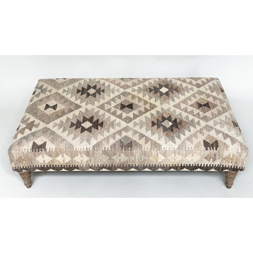 113 - KELIM HEARTH STOOL, rectangular vintage woven kelim and turned supports, 111cm W x 71cm x 32cm H.