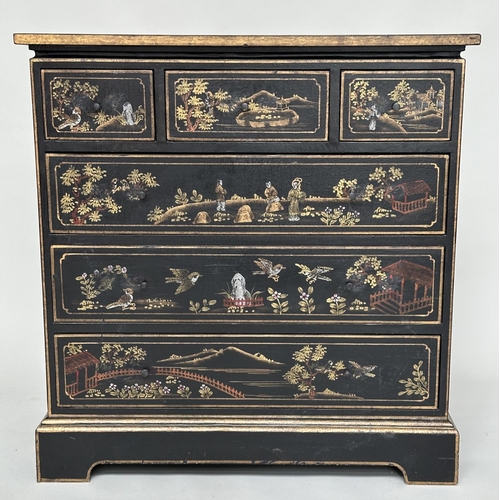 114 - CHEST, George III design black lacquered and gilt chinoiserie decorated with three short above three... 