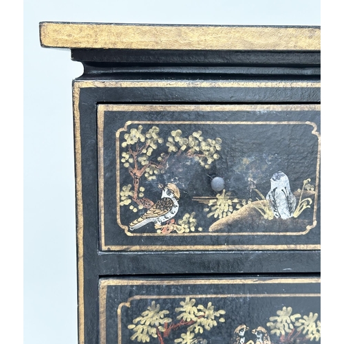 114 - CHEST, George III design black lacquered and gilt chinoiserie decorated with three short above three... 