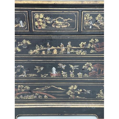 114 - CHEST, George III design black lacquered and gilt chinoiserie decorated with three short above three... 