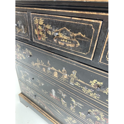 114 - CHEST, George III design black lacquered and gilt chinoiserie decorated with three short above three... 