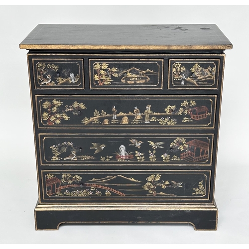 114 - CHEST, George III design black lacquered and gilt chinoiserie decorated with three short above three... 