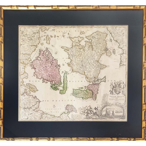 28 - MAP, 18th century Denmark/Scandinavia, hand coloured in gilt bamboo frame, 77cm W x 71cm H.