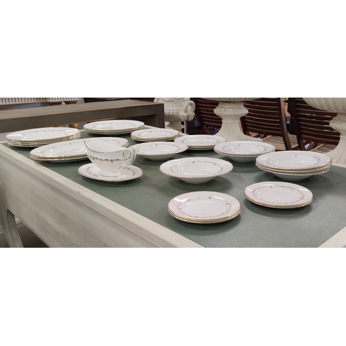 8 - ROYAL WORCESTER 'GOLD CHANTILLY' PART DINNER SERVICE, seven dinner plates, six side plates, seven bo... 