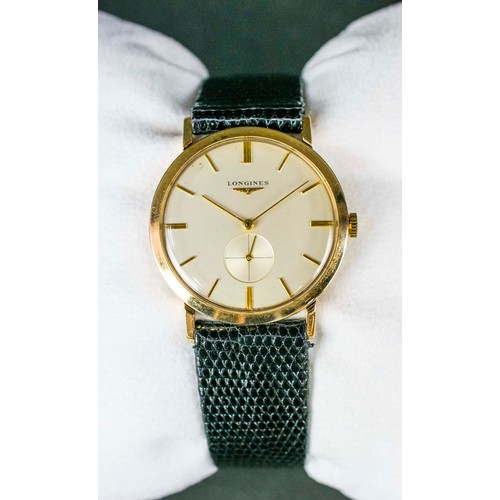 5A - LONGINES 9CT GOLD WRISTWATCH, 1959, 34mm (including crown), black lizard strap by 