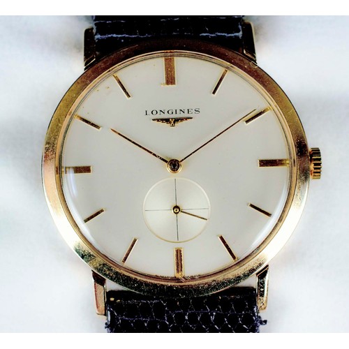 5A - LONGINES 9CT GOLD WRISTWATCH, 1959, 34mm (including crown), black lizard strap by 