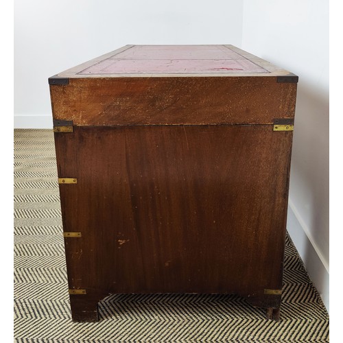 216 - CAMPAIGN STYLE PEDESTAL DESK, three frieze drawers above six drawers with tooled red leather top, 73... 