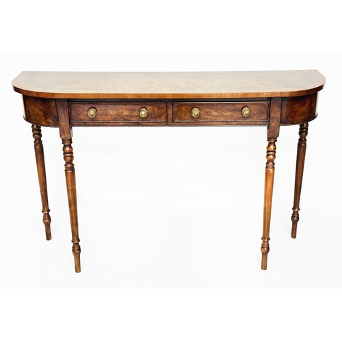 137 - HALL TABLE, George III design burr walnut and crossbanded with two drawers and turned tapering suppo... 