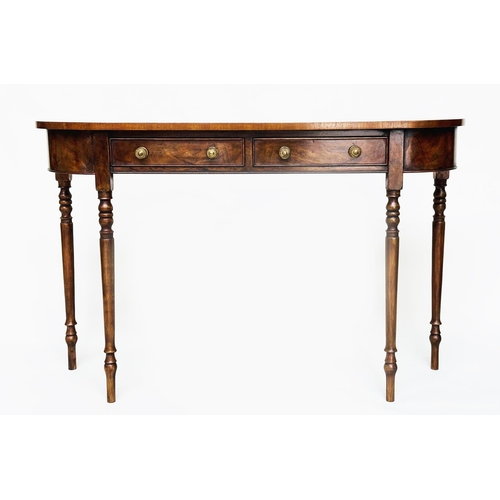 137 - HALL TABLE, George III design burr walnut and crossbanded with two drawers and turned tapering suppo... 