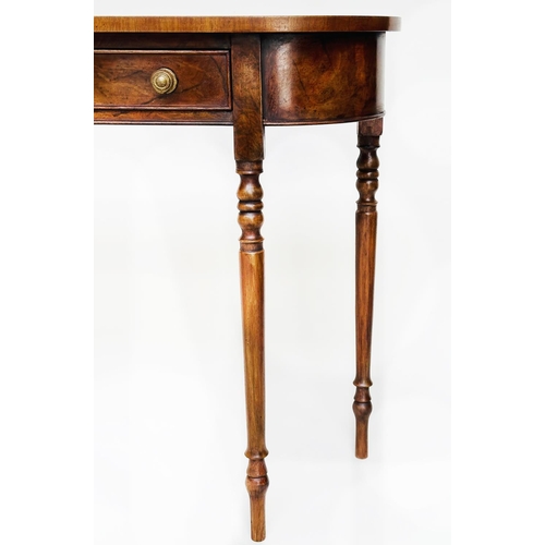 137 - HALL TABLE, George III design burr walnut and crossbanded with two drawers and turned tapering suppo... 