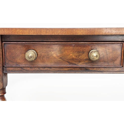 137 - HALL TABLE, George III design burr walnut and crossbanded with two drawers and turned tapering suppo... 