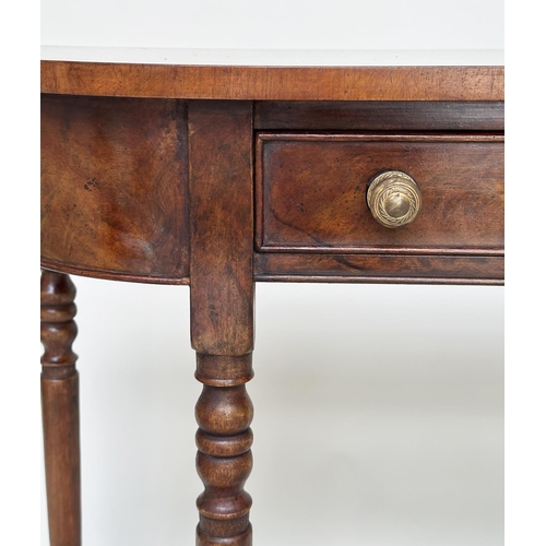 137 - HALL TABLE, George III design burr walnut and crossbanded with two drawers and turned tapering suppo... 