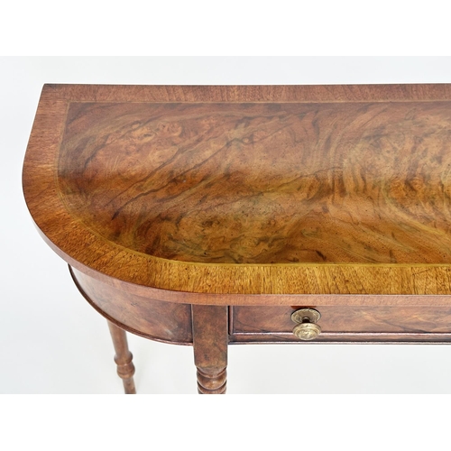 137 - HALL TABLE, George III design burr walnut and crossbanded with two drawers and turned tapering suppo... 